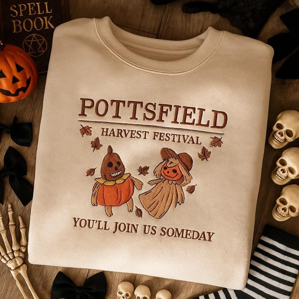 Pottsfield Harvest Festival Embroidered Sweatshirt, Over The Garden Wall Pumpkin Shirt, Spooky Season Fall Halloween Crewneck EBAC13