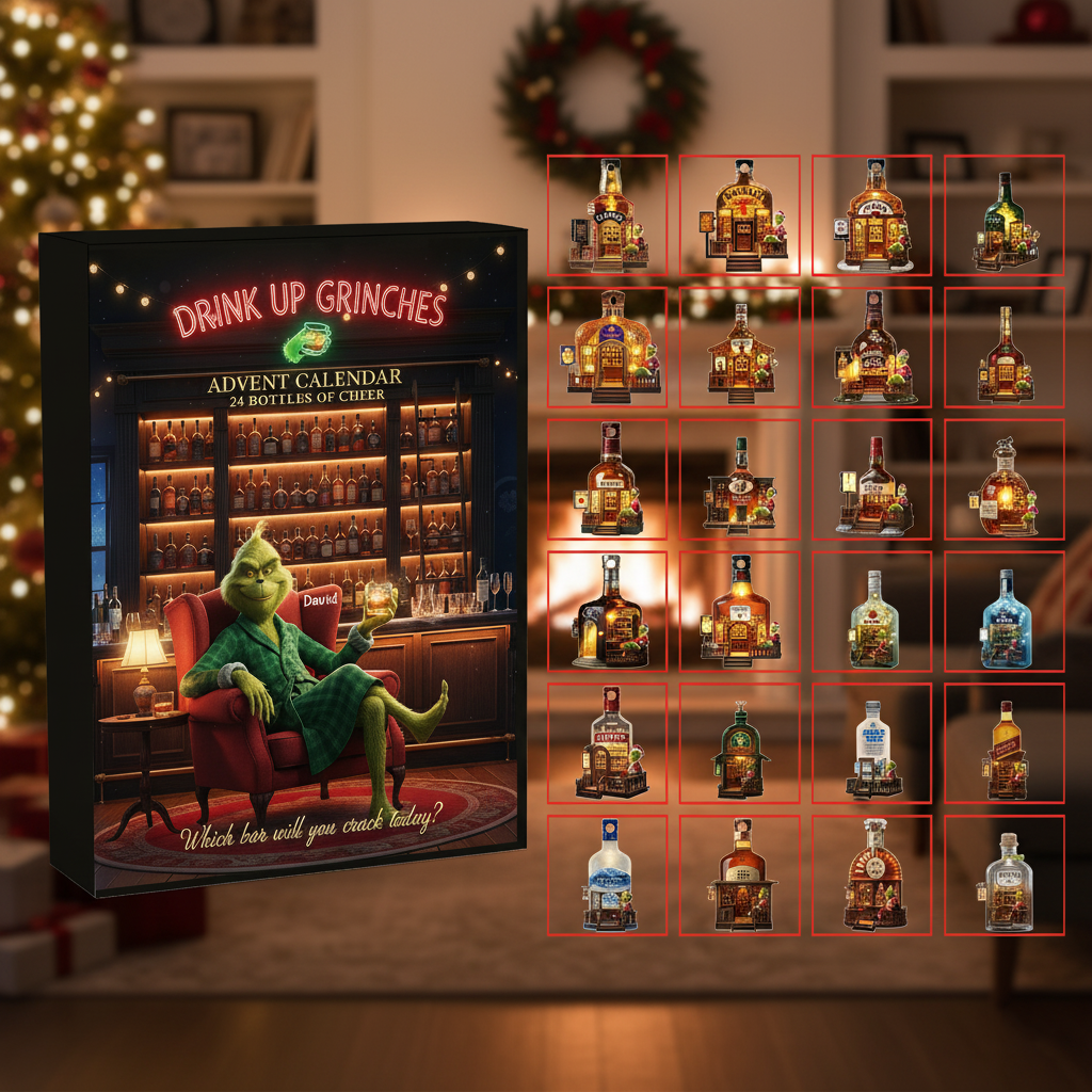 Grinch Bar Advent Calendar 2025, Drink Up Grinches Countdown, Whiskey Bottle Ornament Set, Funny Holiday Gift Box
