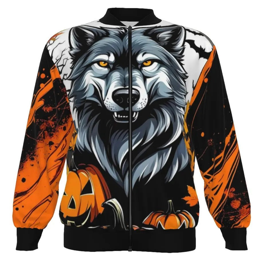 Howling Halloween Costumes Night Wolf Bomber Jacket, Pumpkin Carving Ideas Gothic Outerwear, Halloween Streetwear, Halloween Costume Ideas