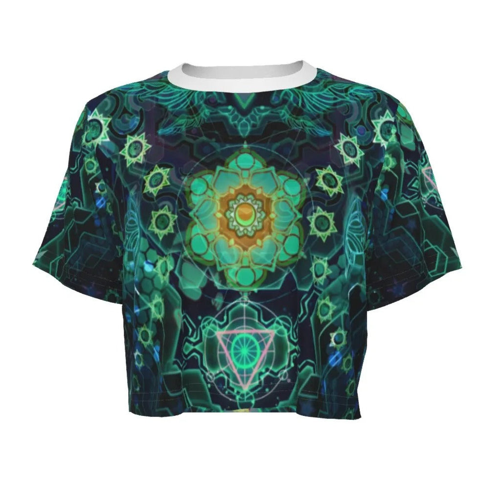 Women’s Yantric Geometry Crop Top, Sacred Mandala Energy Design with Spiritual Symbols & Chakra Pattern for Yoga & Meditation Wear