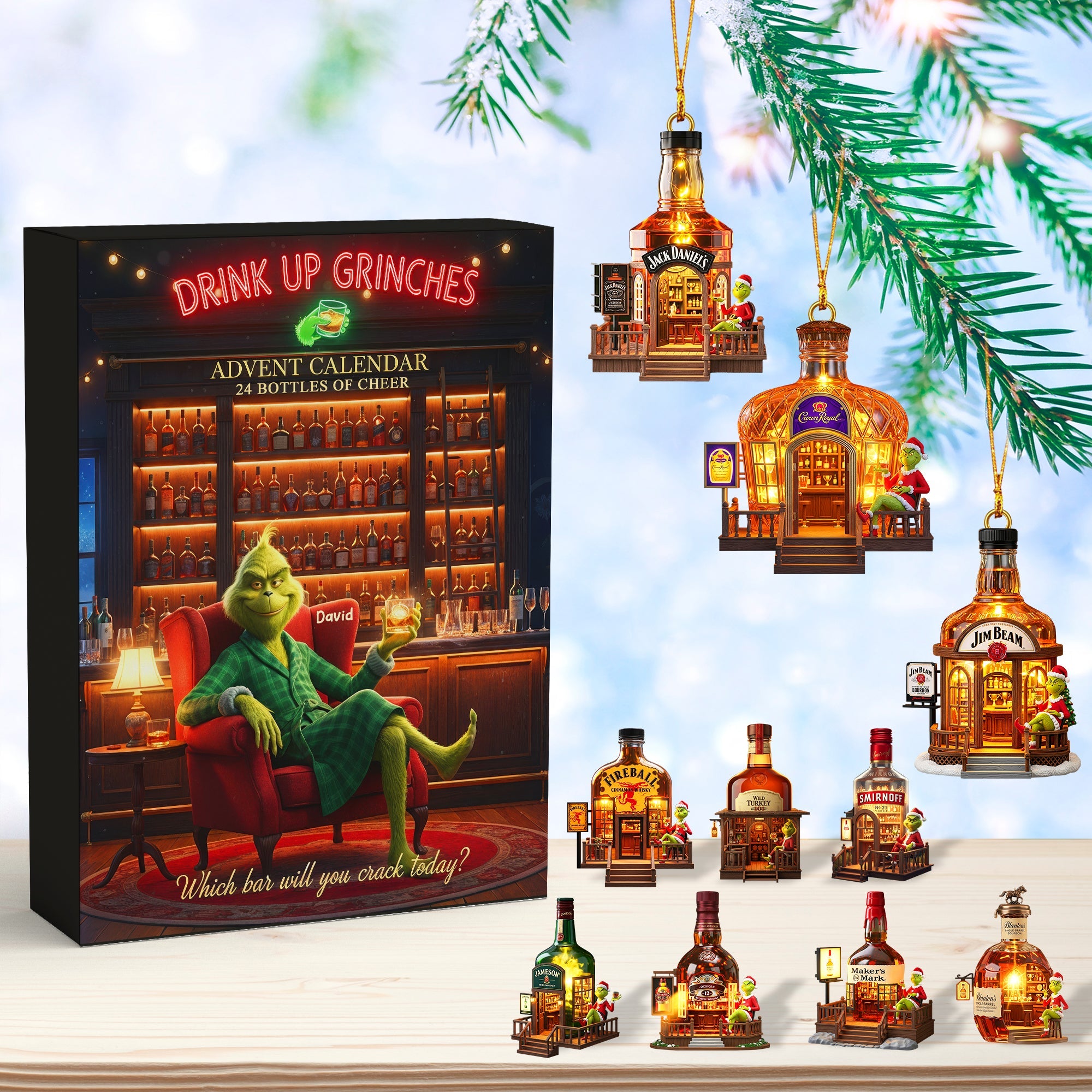 Grinch Bar Advent Calendar 2025, Drink Up Grinches Countdown, Whiskey Bottle Ornament Set, Funny Holiday Gift Box