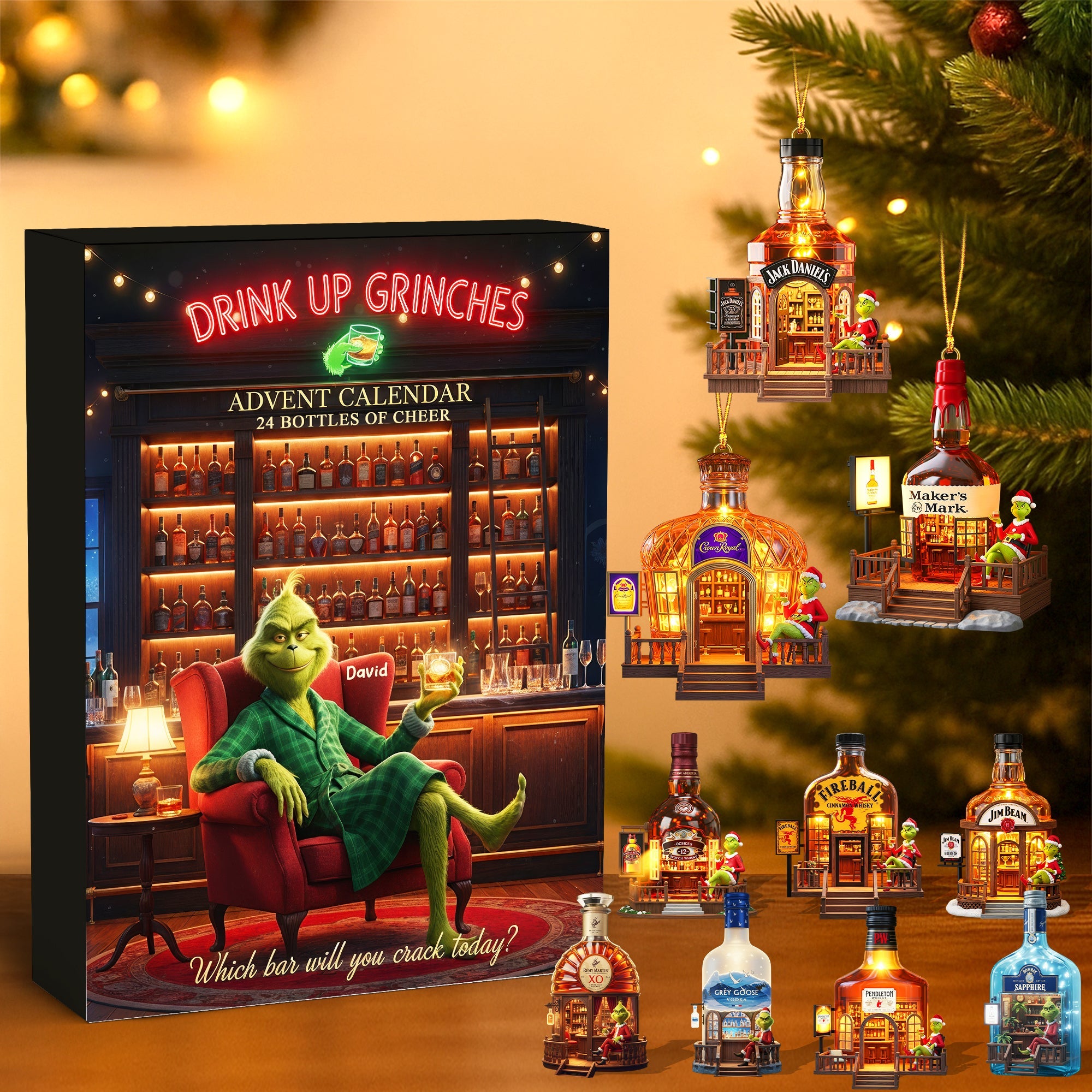 Grinch Bar Advent Calendar 2025, Drink Up Grinches Countdown, Whiskey Bottle Ornament Set, Funny Holiday Gift Box