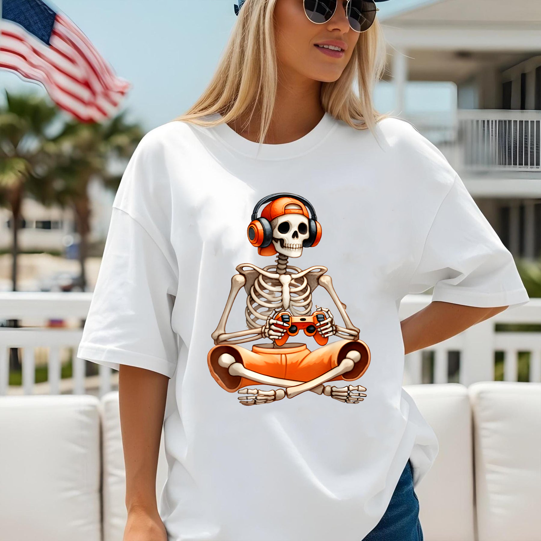 Funny Gamer Skeleton Shirt, Halloween Gaming Shirt, Skull With Headphones and Controller, Spooky Gamer Gift Tee