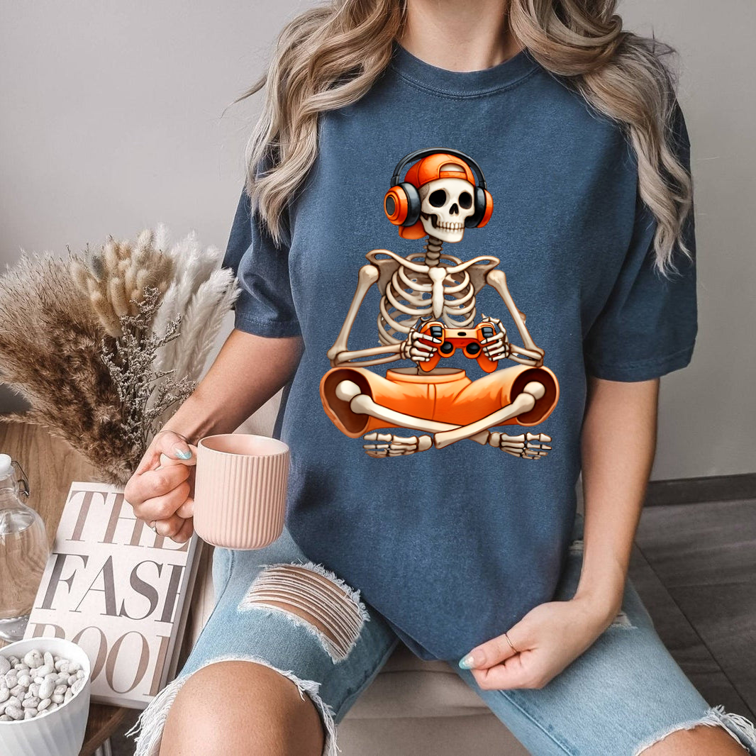 Funny Gamer Skeleton Shirt, Halloween Gaming Shirt, Skull With Headphones and Controller, Spooky Gamer Gift Tee