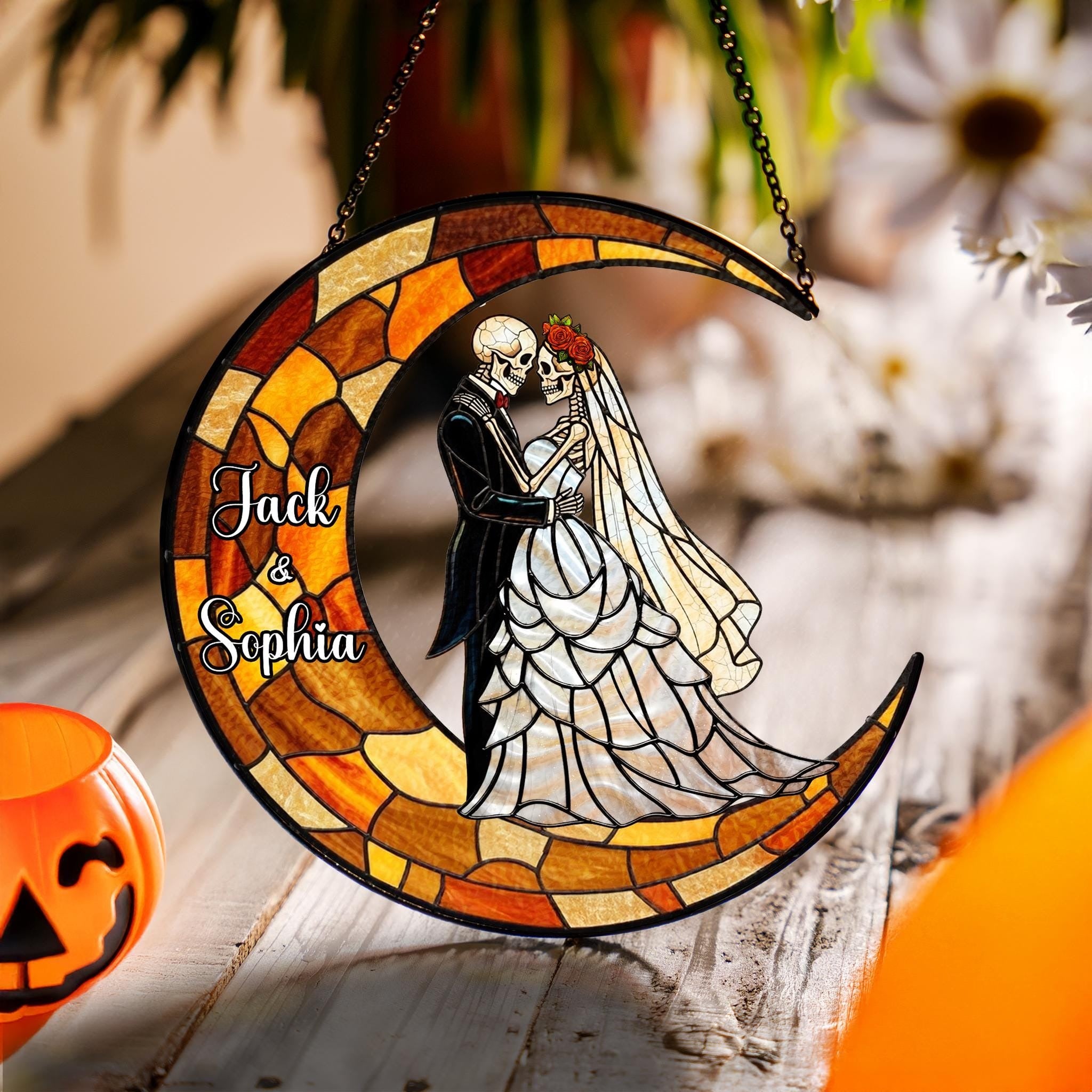 Personalized Gothic Skeleton Couple Moon Suncatcher, Custom Dark Romance Wedding Gift, Halloween Anniversary Decor, Eternal Love