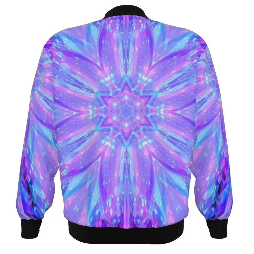 Kaleio Galaxy Bomber Jacket, Trippy Psychedelic Outerwear, Holographic Space Mandala Coat, Cosmic Festival Streetwear for All