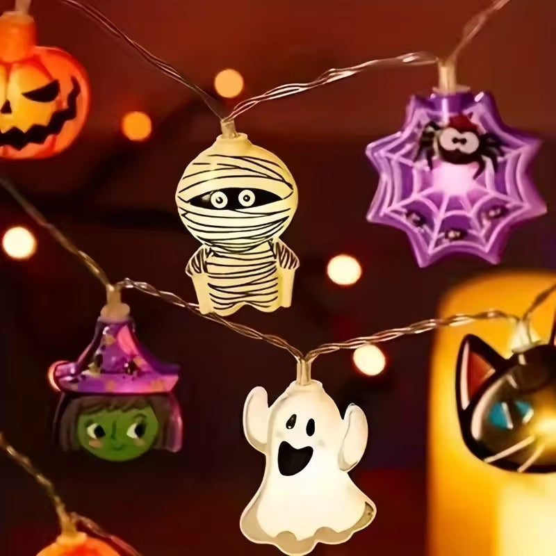 Halloween Decorations, Halloween LED String Lights, 10 Battery Powered Ghost Witch Pumpkin Cat Spider Skeleton Lights, Indoor Halloween Party Home Decor