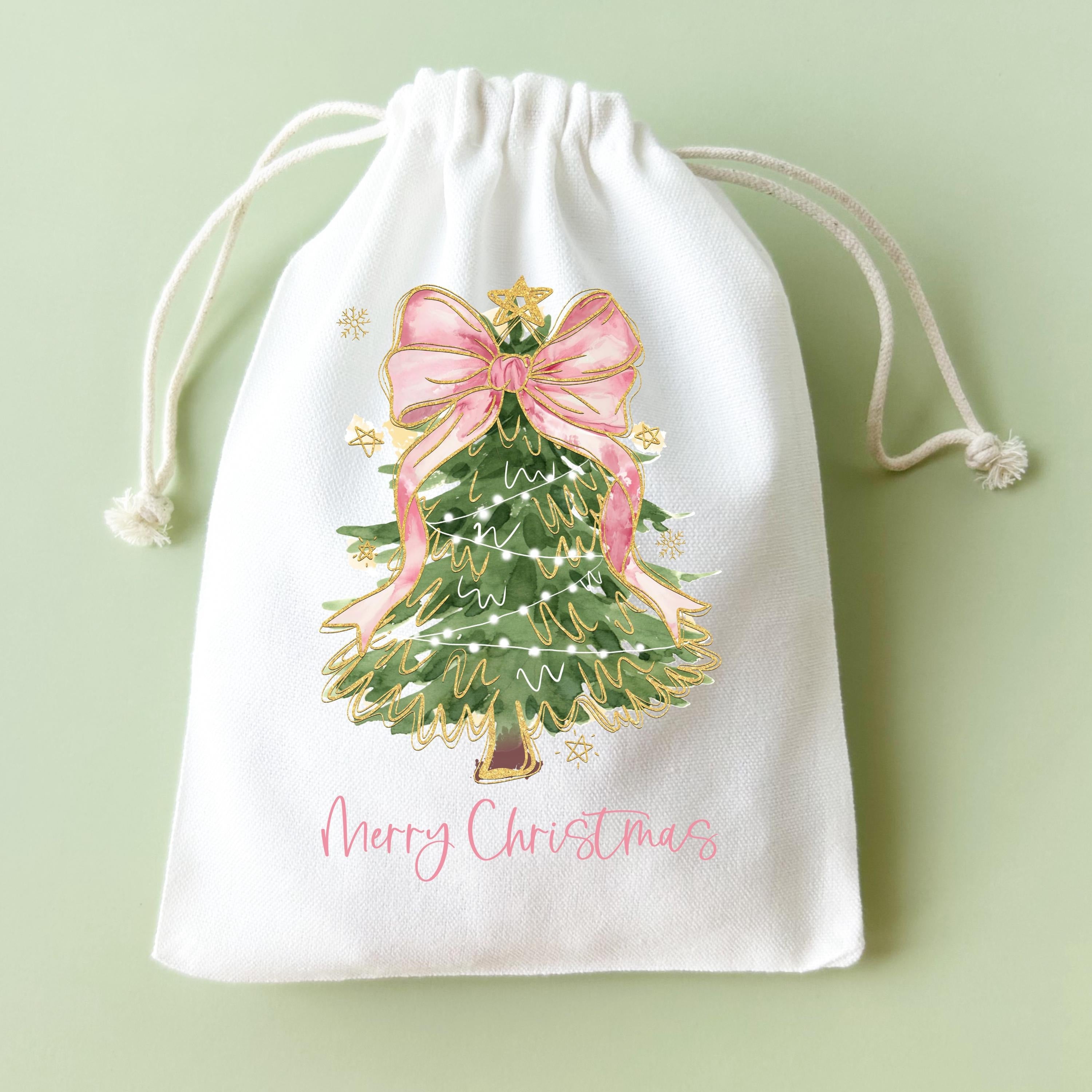 Christmas Tree Gift Bag, Personalized Drawstring Bag, Holiday Favor Bag with Pink Bow, Small Xmas Gift Bag with Name, Party Favor Bag