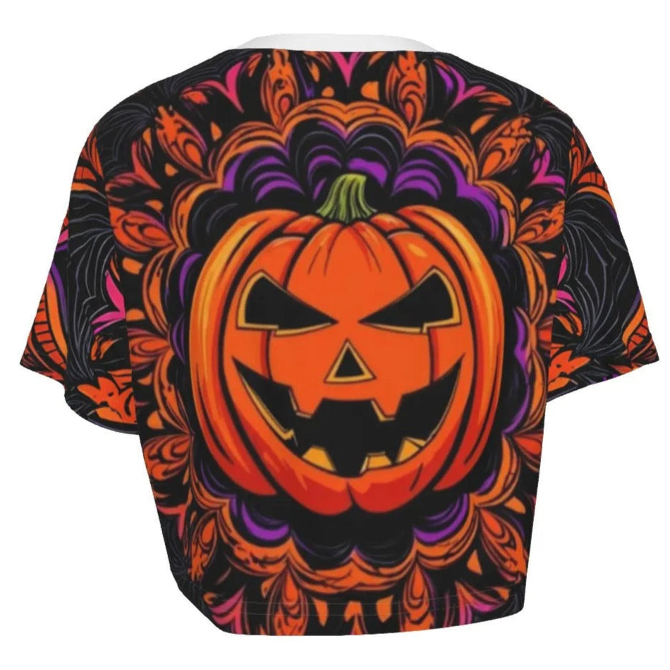 Pumpkin Mandala Magic Crop Top, Halloween Jack-o’-Lantern Shirt, Spooky Mandala Art, Gothic Fall Fashion
