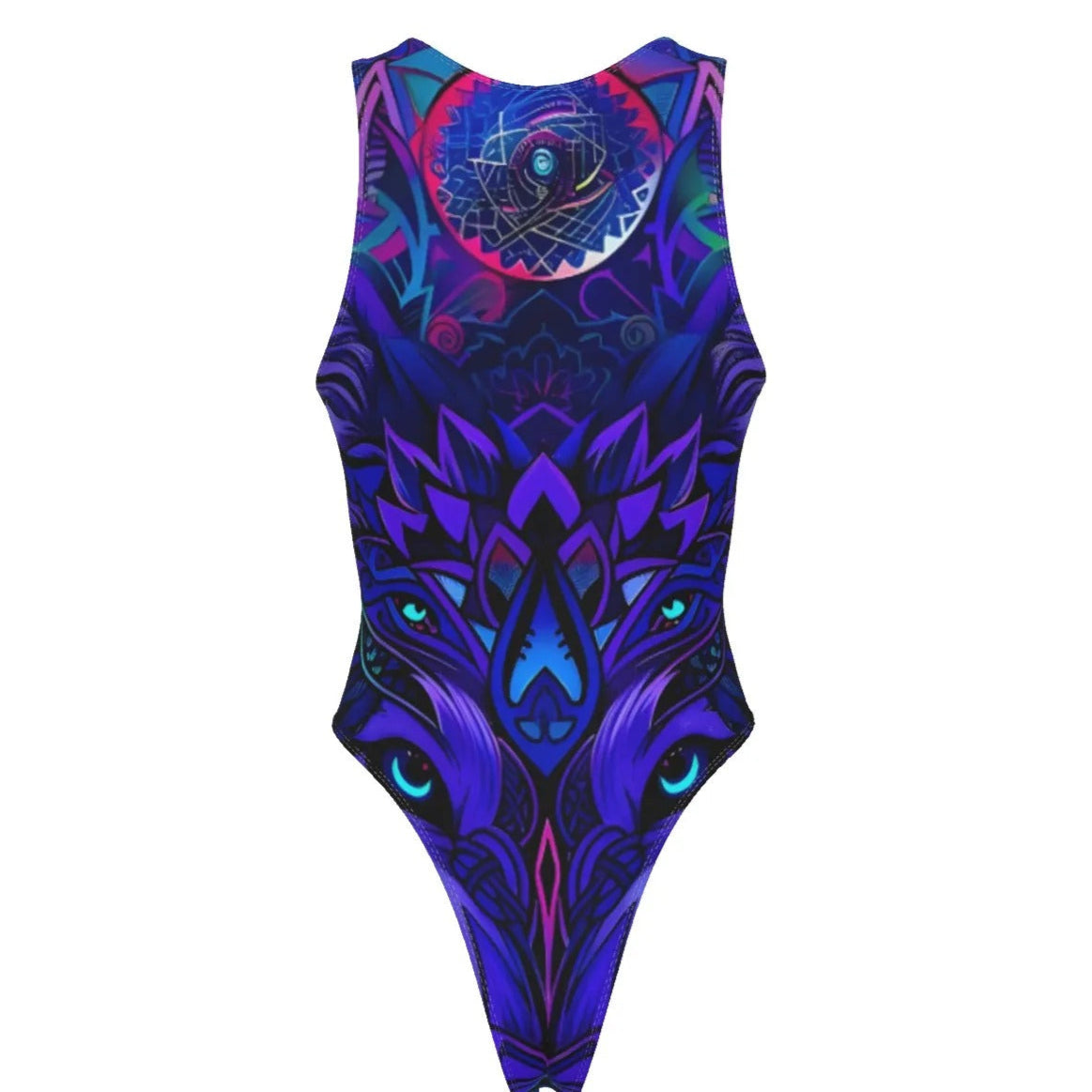 Women’s Wolf Mandala Tank Bodysuit, Vibrant Purple Geometric Wolf Design with Spiritual Animal Art for Bold Fashion and Fitness