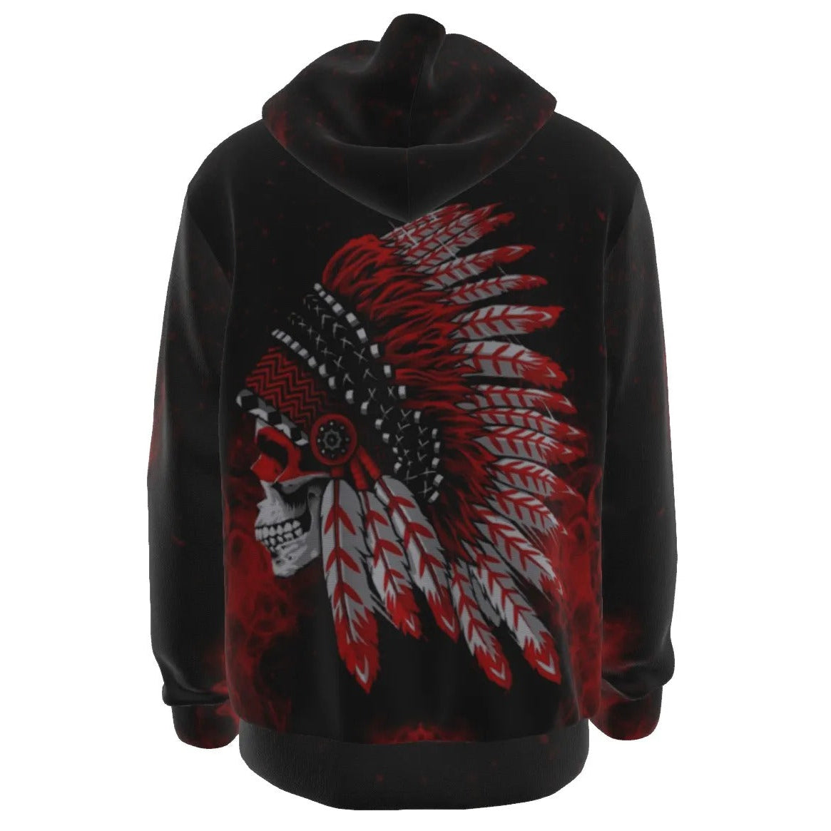 Native American Skull Hoodie, Red Feather Headdress Sweatshirt, Tribal Gothic Hooded Top, Red Smoke Graphic Hoodie, Warrior Biker Style