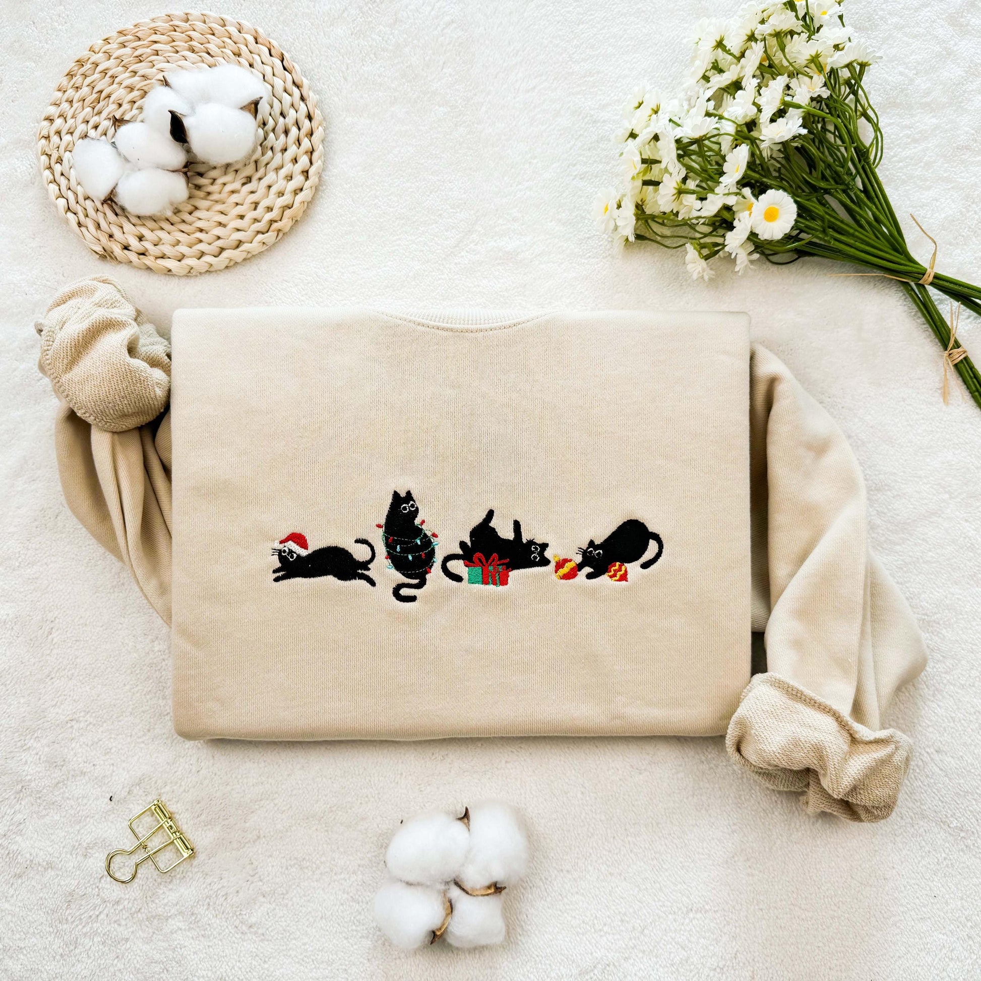 Christmas Cat Embroidered Sweatshirt, Cute Kitty Holiday Sweater, Cozy Winter Crewneck, Festive Gift for Cat Lovers, Xmas Outfit EBAC62