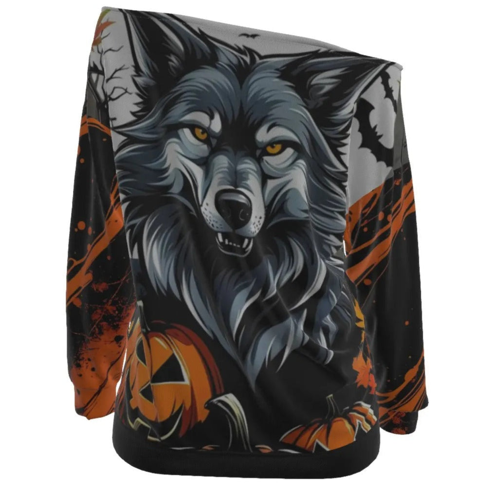 Howling Halloween Costumes Night Wolf Off-Shoulder Top, Spooky Pumpkin Bat Custom T Shirts, Gothic Halloween Fashion, Pumpkin Carving Ideas