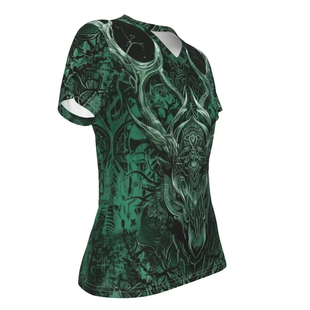 Vilking V-Neck T-Shirt, Women’s Norse Mythology Tee with Celtic Wolf Design and Viking Warrior Aesthetic, Women's Fit, V-neck Shirt, Shortsleeve