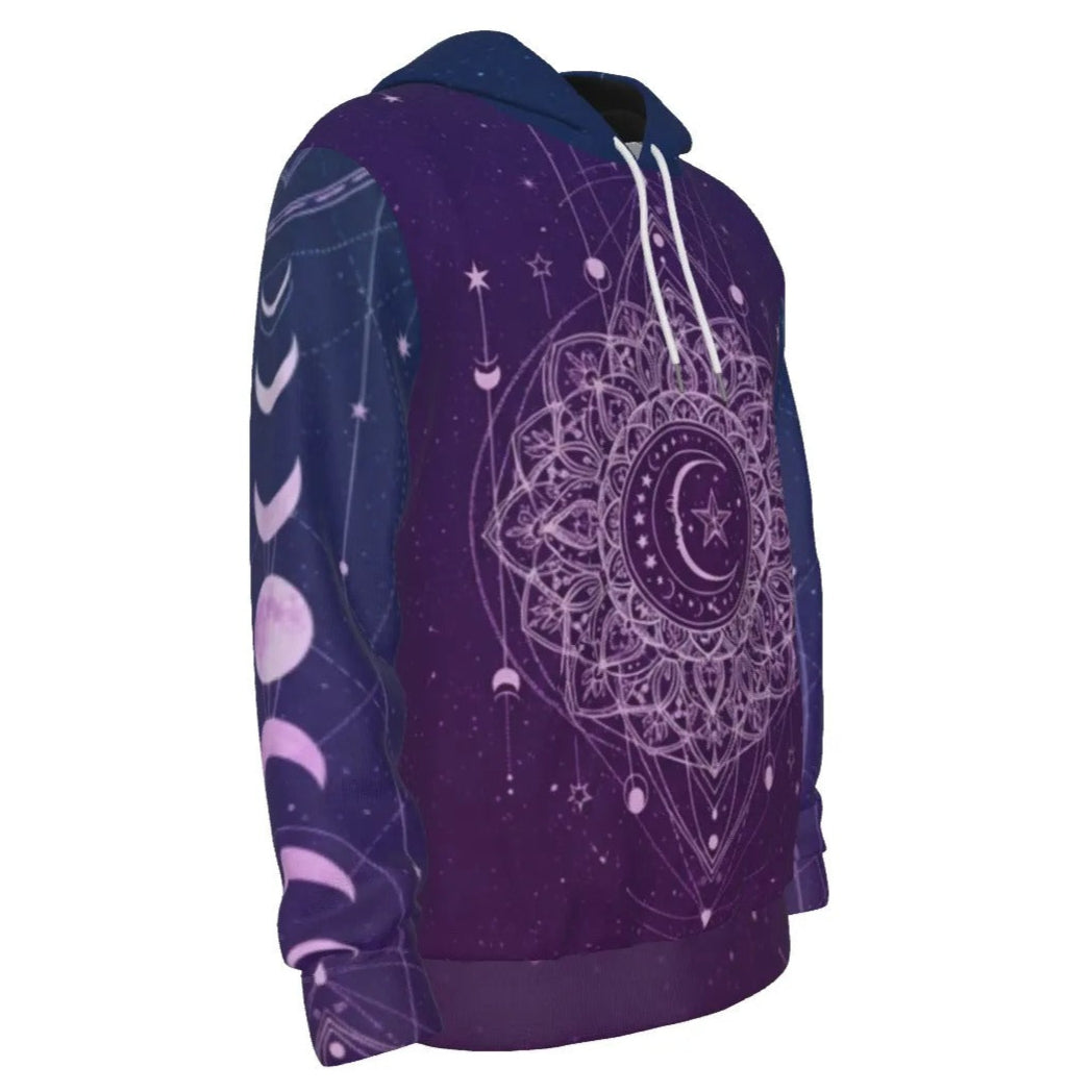 Mystic Lunar Mandala Hoodie, Moon Phase Spiritual Sweatshirt, Celestial Lotus Hooded Top, Sacred Geometry Cosmic Hoodie, Boho Mystic Style