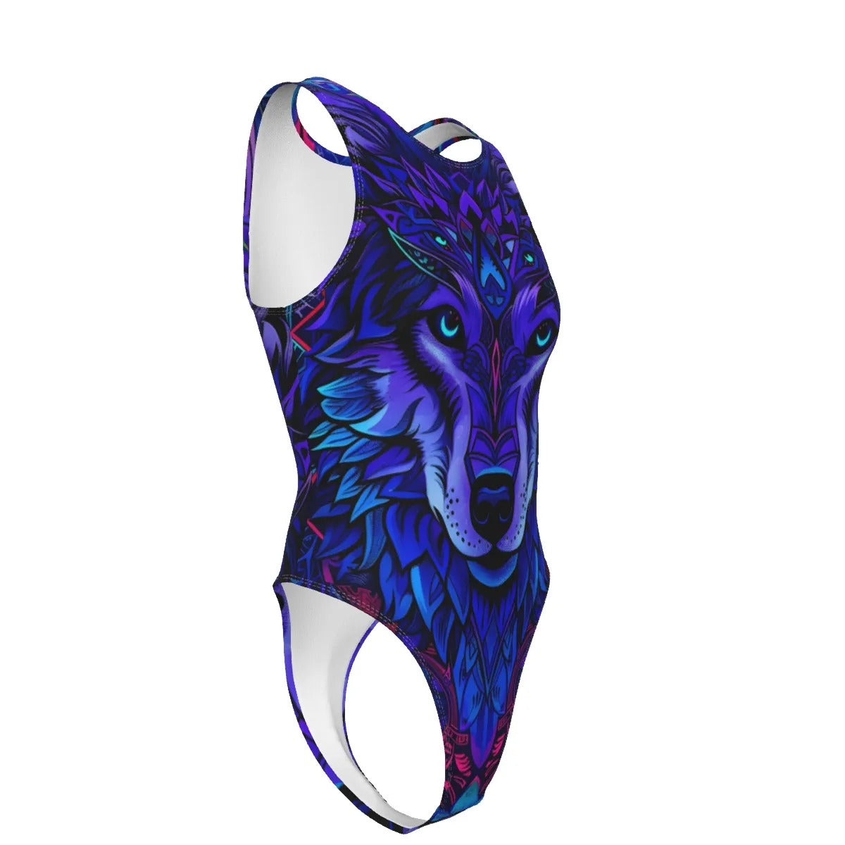 Women’s Wolf Mandala Tank Bodysuit, Vibrant Purple Geometric Wolf Design with Spiritual Animal Art for Bold Fashion and Fitness