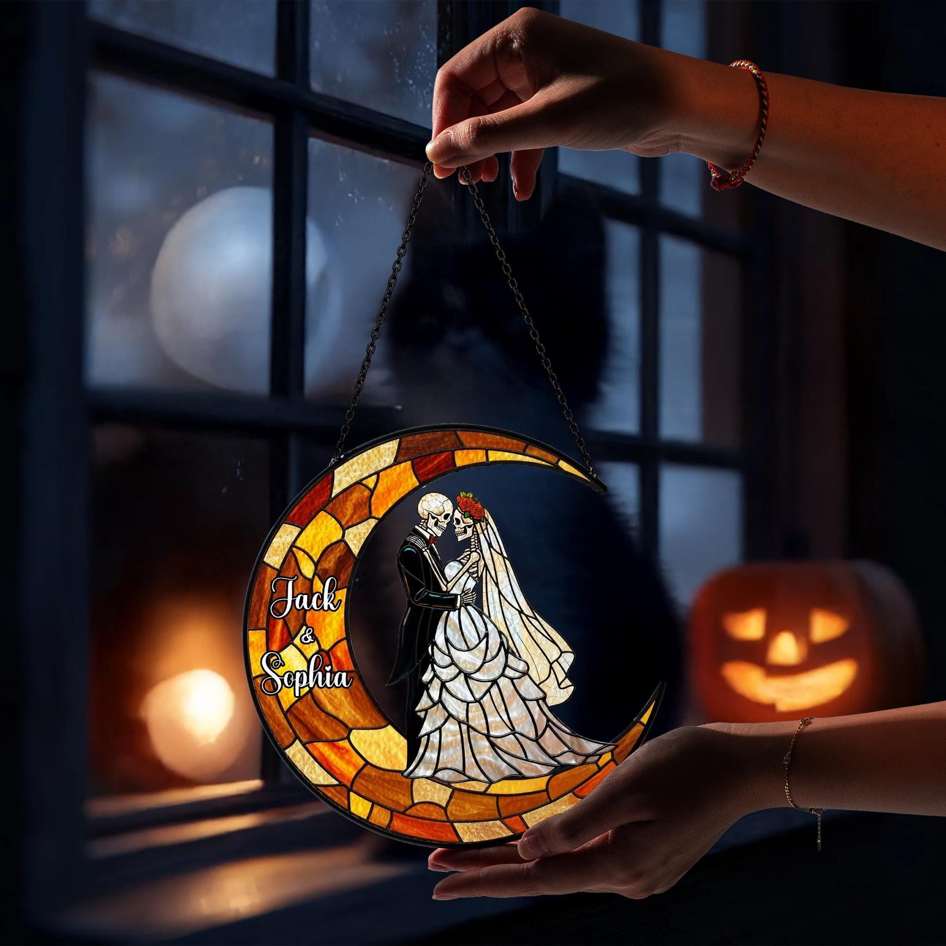 Personalized Gothic Skeleton Couple Moon Suncatcher, Custom Dark Romance Wedding Gift, Halloween Anniversary Decor, Eternal Love