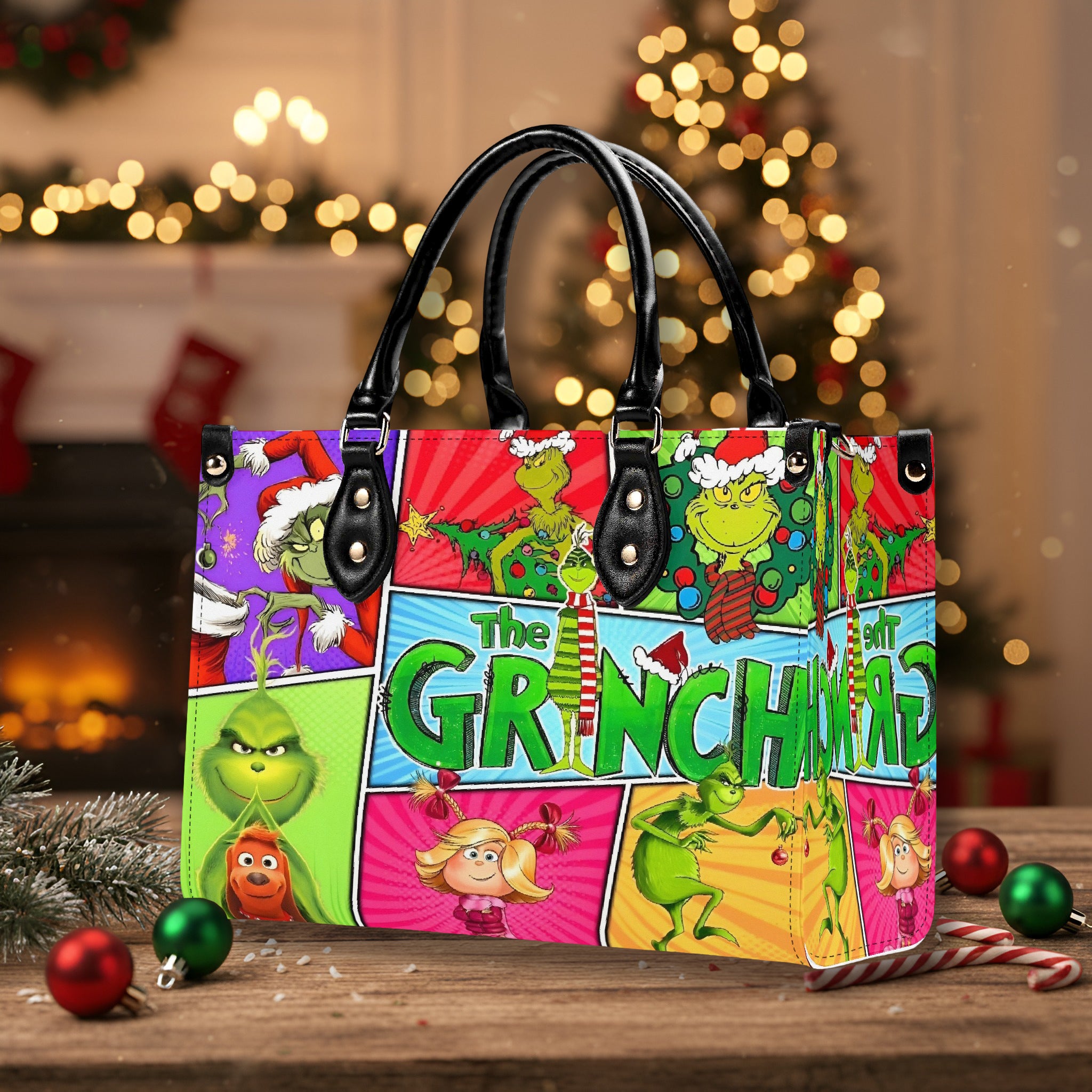 Christmas Cartoon Comic Tote Bag, Festive Holiday Handbag, Colorful Winter Purse, Xmas Party Gift