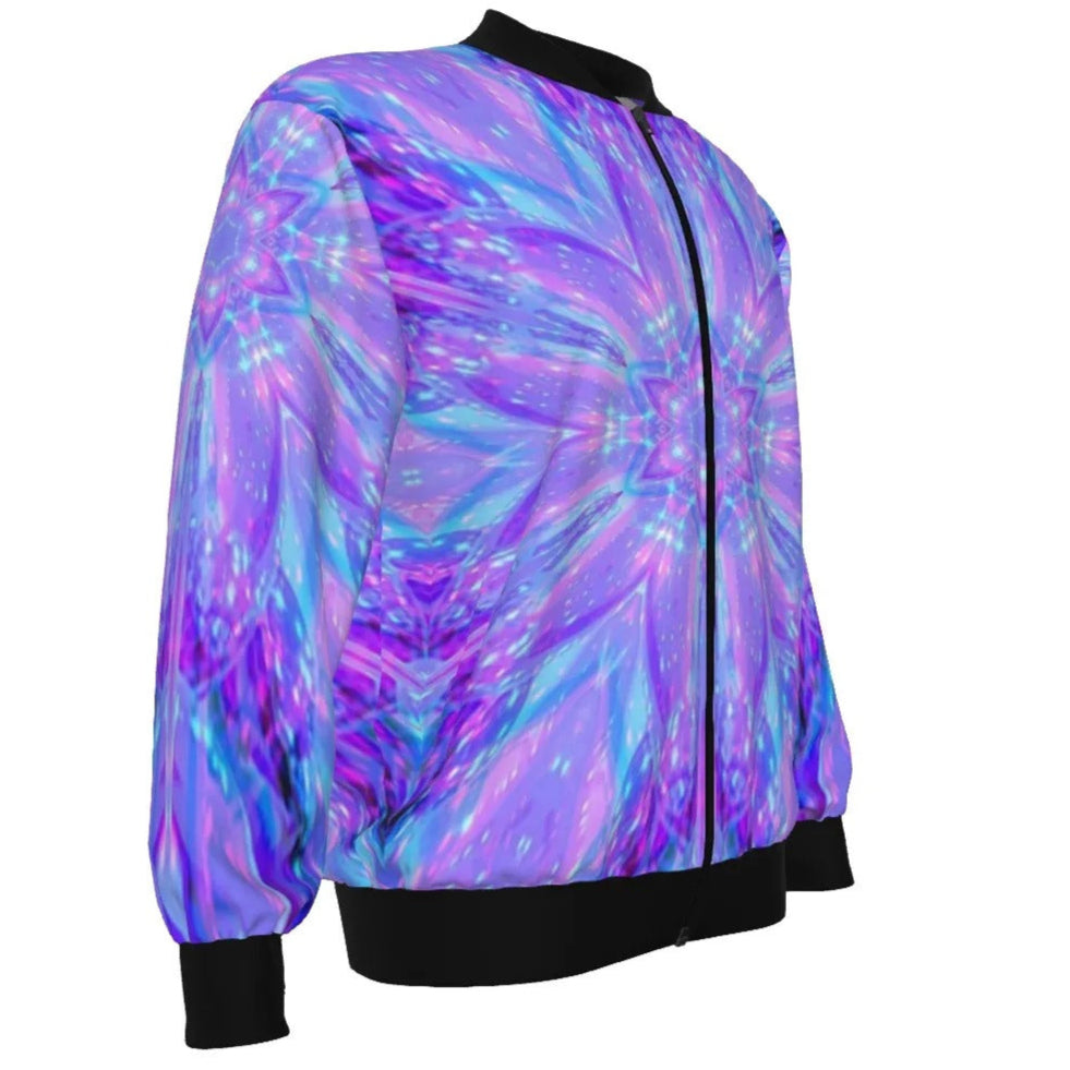Kaleio Galaxy Bomber Jacket, Trippy Psychedelic Outerwear, Holographic Space Mandala Coat, Cosmic Festival Streetwear for All