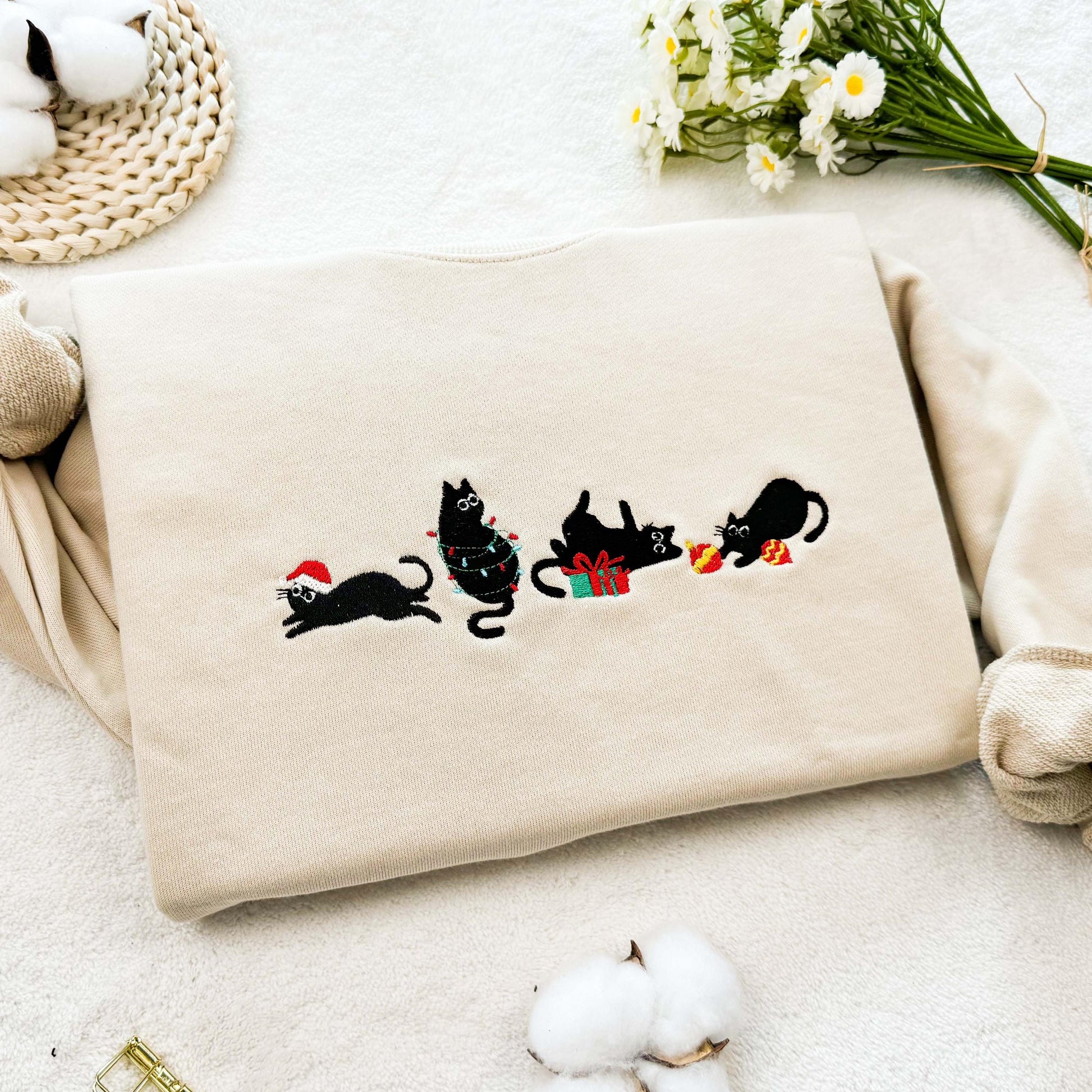 Christmas Cat Embroidered Sweatshirt, Cute Kitty Holiday Sweater, Cozy Winter Crewneck, Festive Gift for Cat Lovers, Xmas Outfit EBAC62