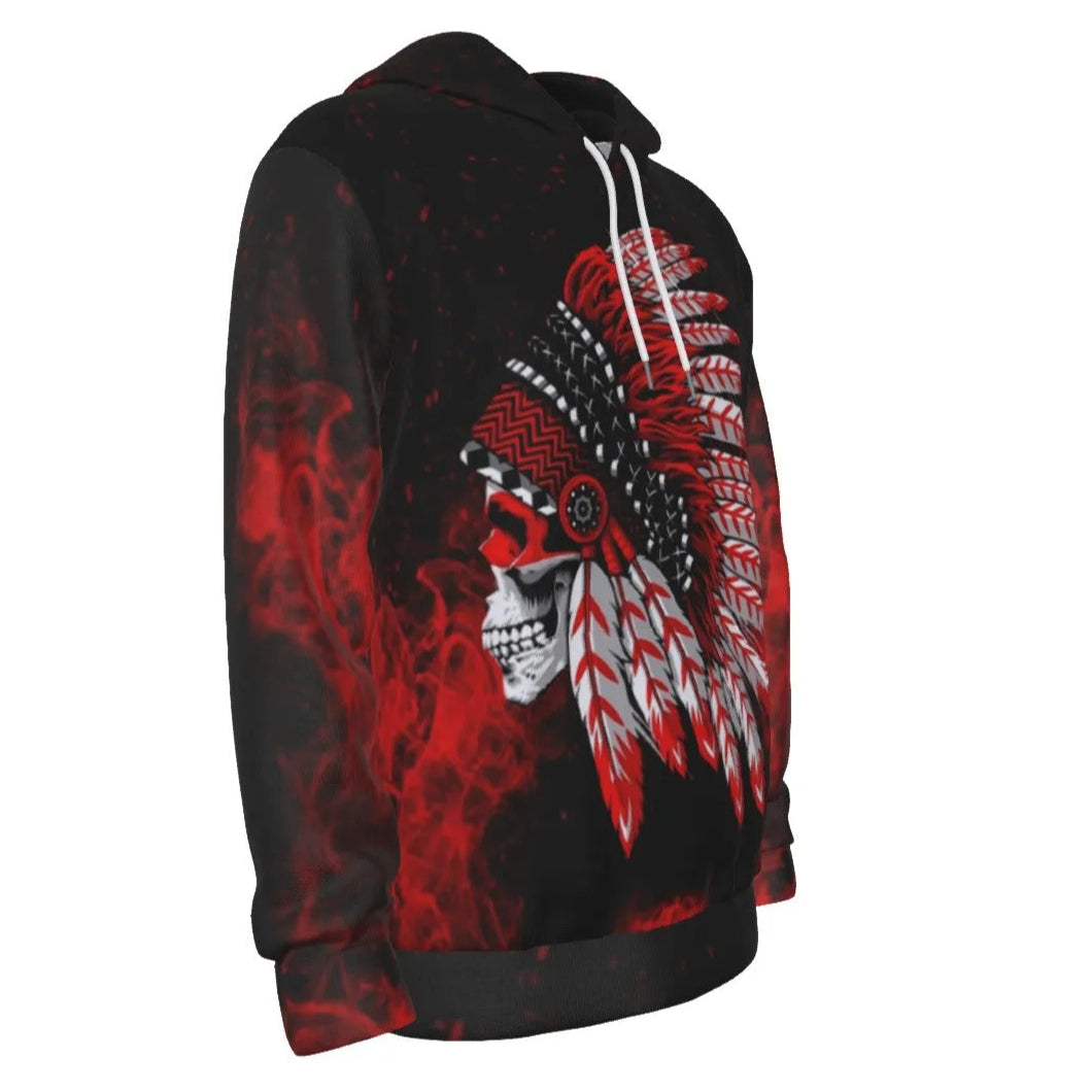 Native American Skull Hoodie, Red Feather Headdress Sweatshirt, Tribal Gothic Hooded Top, Red Smoke Graphic Hoodie, Warrior Biker Style