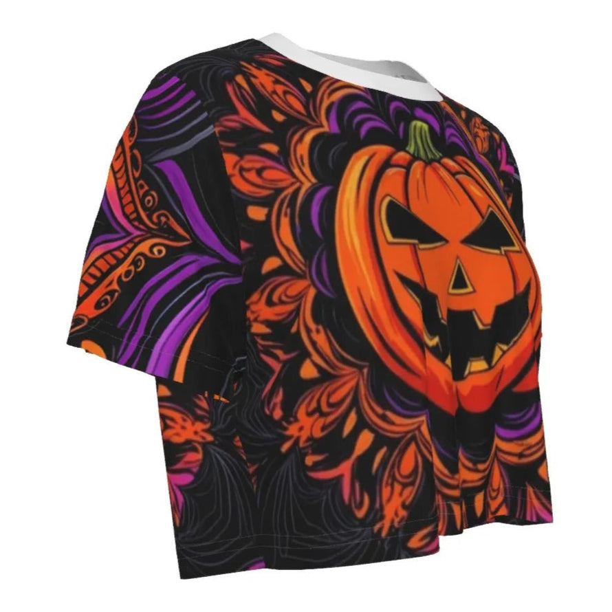 Pumpkin Mandala Magic Crop Top, Halloween Jack-o’-Lantern Shirt, Spooky Mandala Art, Gothic Fall Fashion
