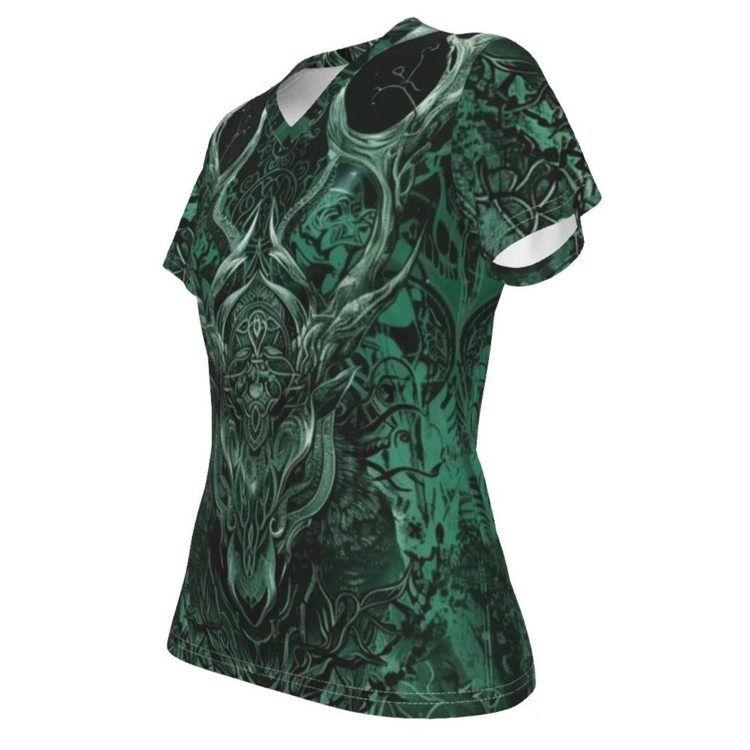 Vilking V-Neck T-Shirt, Women’s Norse Mythology Tee with Celtic Wolf Design and Viking Warrior Aesthetic, Women's Fit, V-neck Shirt, Shortsleeve