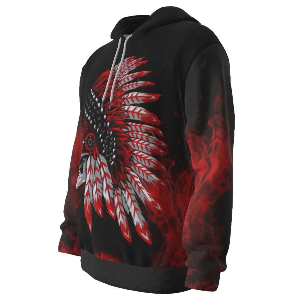 Native American Skull Hoodie, Red Feather Headdress Sweatshirt, Tribal Gothic Hooded Top, Red Smoke Graphic Hoodie, Warrior Biker Style