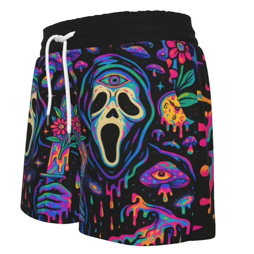 Psychedelic Halloween Mushrooms Women’s Shorts, Neon Trippy Mushroom Bottoms, Spooky Halloween Activewear, Horror Art Fashion