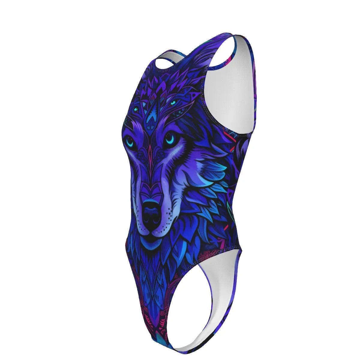 Women’s Wolf Mandala Tank Bodysuit, Vibrant Purple Geometric Wolf Design with Spiritual Animal Art for Bold Fashion and Fitness