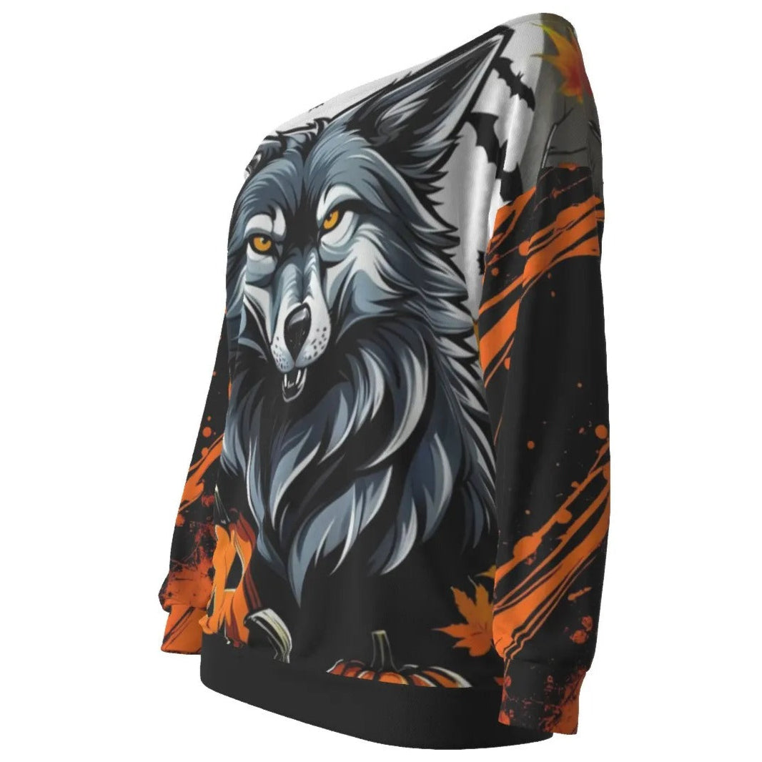 Howling Halloween Costumes Night Wolf Off-Shoulder Top, Spooky Pumpkin Bat Custom T Shirts, Gothic Halloween Fashion, Pumpkin Carving Ideas