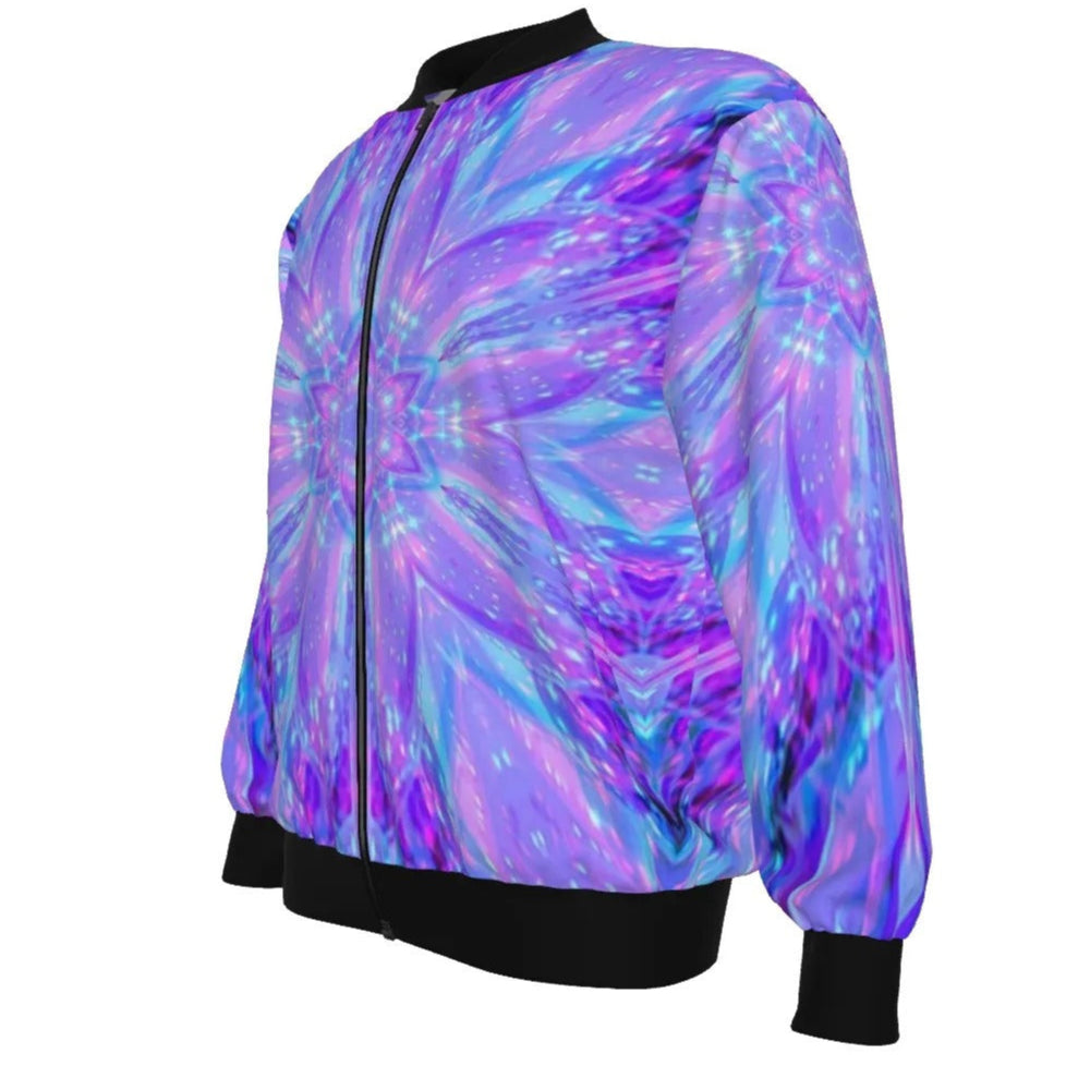 Kaleio Galaxy Bomber Jacket, Trippy Psychedelic Outerwear, Holographic Space Mandala Coat, Cosmic Festival Streetwear for All