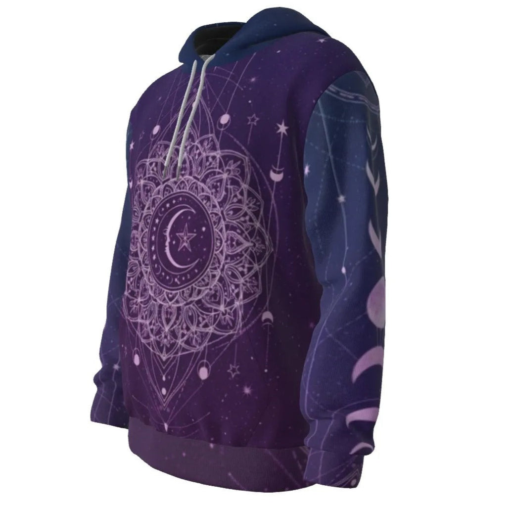 Mystic Lunar Mandala Hoodie, Moon Phase Spiritual Sweatshirt, Celestial Lotus Hooded Top, Sacred Geometry Cosmic Hoodie, Boho Mystic Style