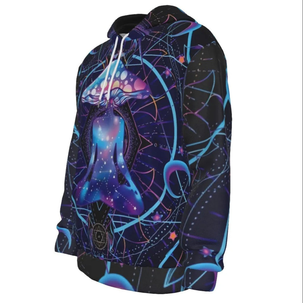 Mystic Mushroom Awakening Hoodie, Psychedelic Spiritual Sweatshirt, Cosmic Mushroom Hooded Top, Visionary Art Festival Wear, Boho Mystic Style