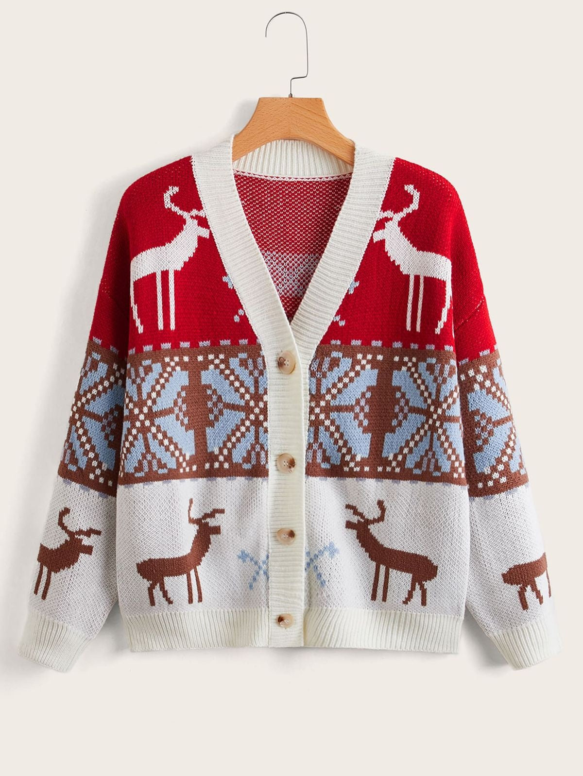 Ugly Christmas Cardigan for Women, Red and White Reindeer Knit Sweater, Festive Holiday Winter Outfit