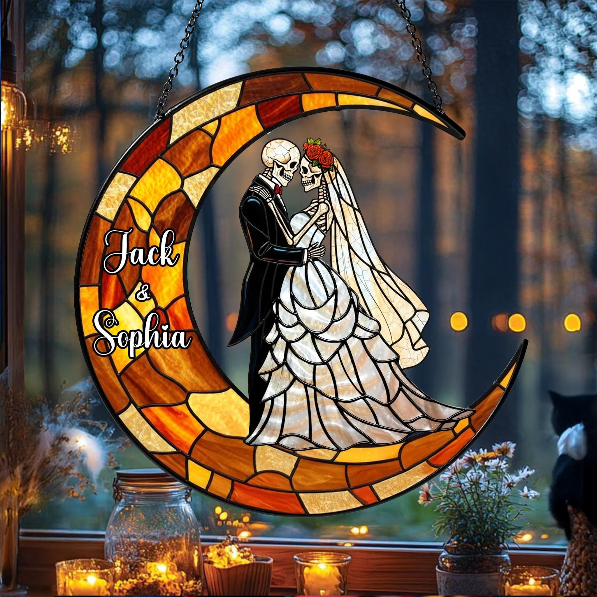 Personalized Gothic Skeleton Couple Moon Suncatcher, Custom Dark Romance Wedding Gift, Halloween Anniversary Decor, Eternal Love