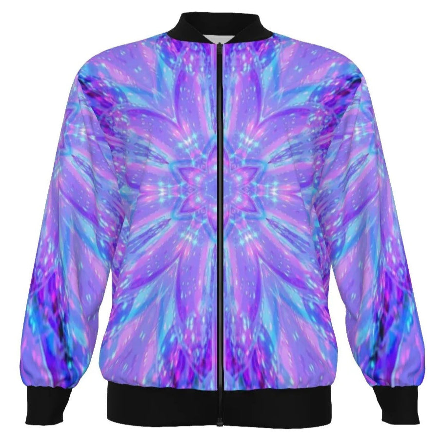 Kaleio Galaxy Bomber Jacket, Trippy Psychedelic Outerwear, Holographic Space Mandala Coat, Cosmic Festival Streetwear for All