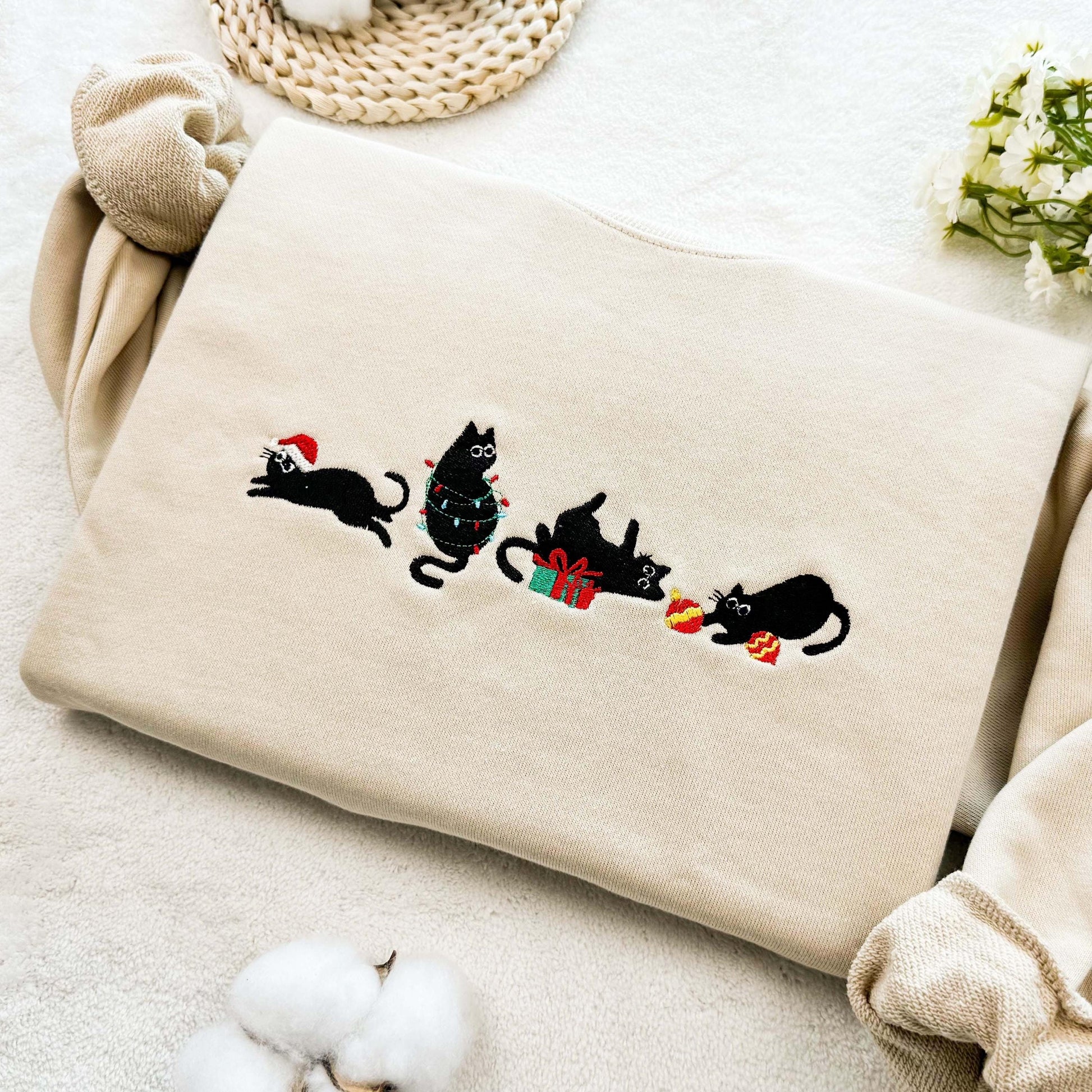 Christmas Cat Embroidered Sweatshirt, Cute Kitty Holiday Sweater, Cozy Winter Crewneck, Festive Gift for Cat Lovers, Xmas Outfit EBAC62