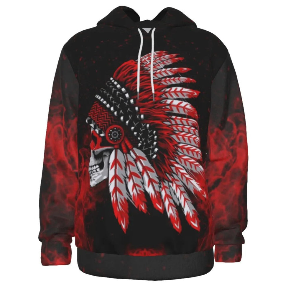Native American Skull Hoodie, Red Feather Headdress Sweatshirt, Tribal Gothic Hooded Top, Red Smoke Graphic Hoodie, Warrior Biker Style