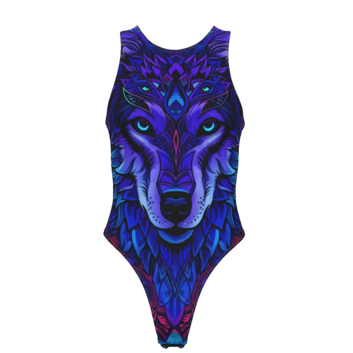 Women’s Wolf Mandala Tank Bodysuit, Vibrant Purple Geometric Wolf Design with Spiritual Animal Art for Bold Fashion and Fitness