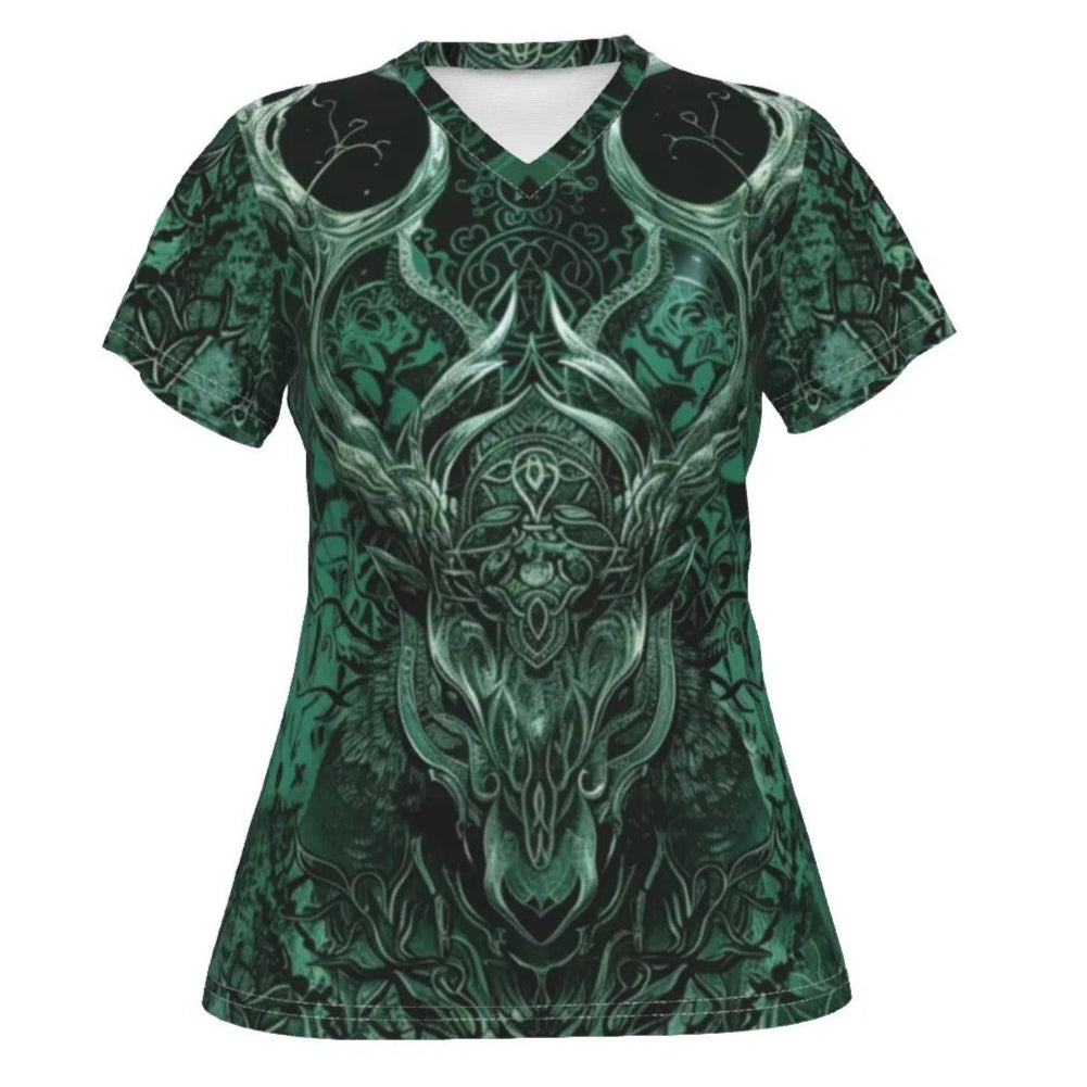 Vilking V-Neck T-Shirt, Women’s Norse Mythology Tee with Celtic Wolf Design and Viking Warrior Aesthetic, Women's Fit, V-neck Shirt, Shortsleeve