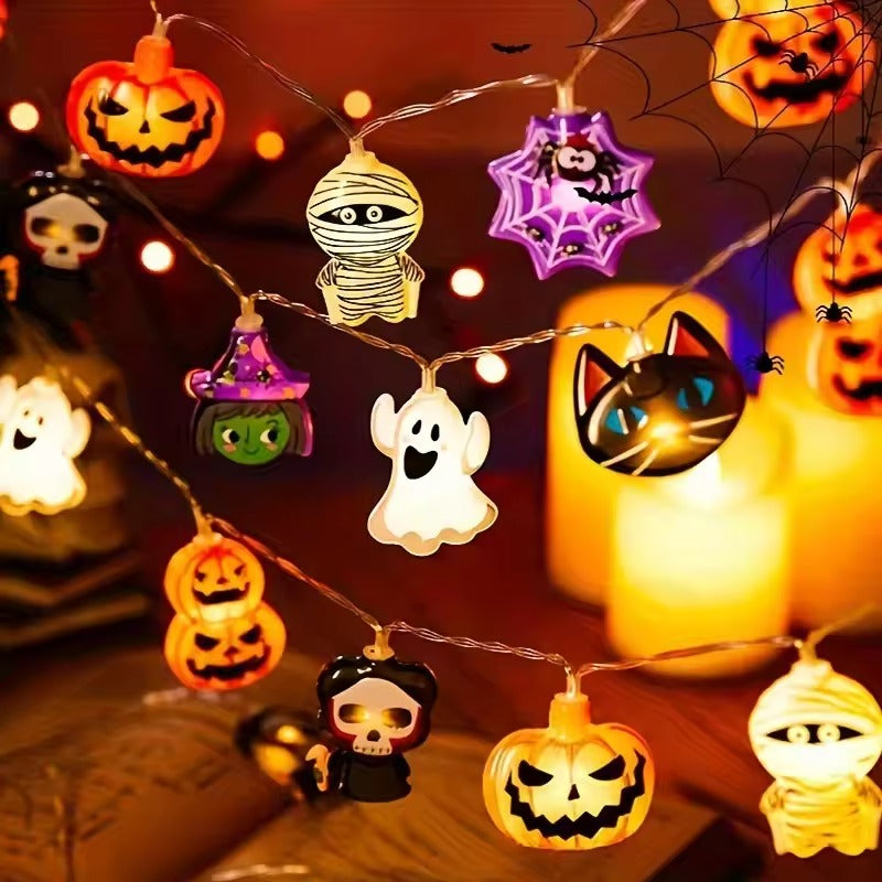 Halloween Decorations, Halloween LED String Lights, 10 Battery Powered Ghost Witch Pumpkin Cat Spider Skeleton Lights, Indoor Halloween Party Home Decor