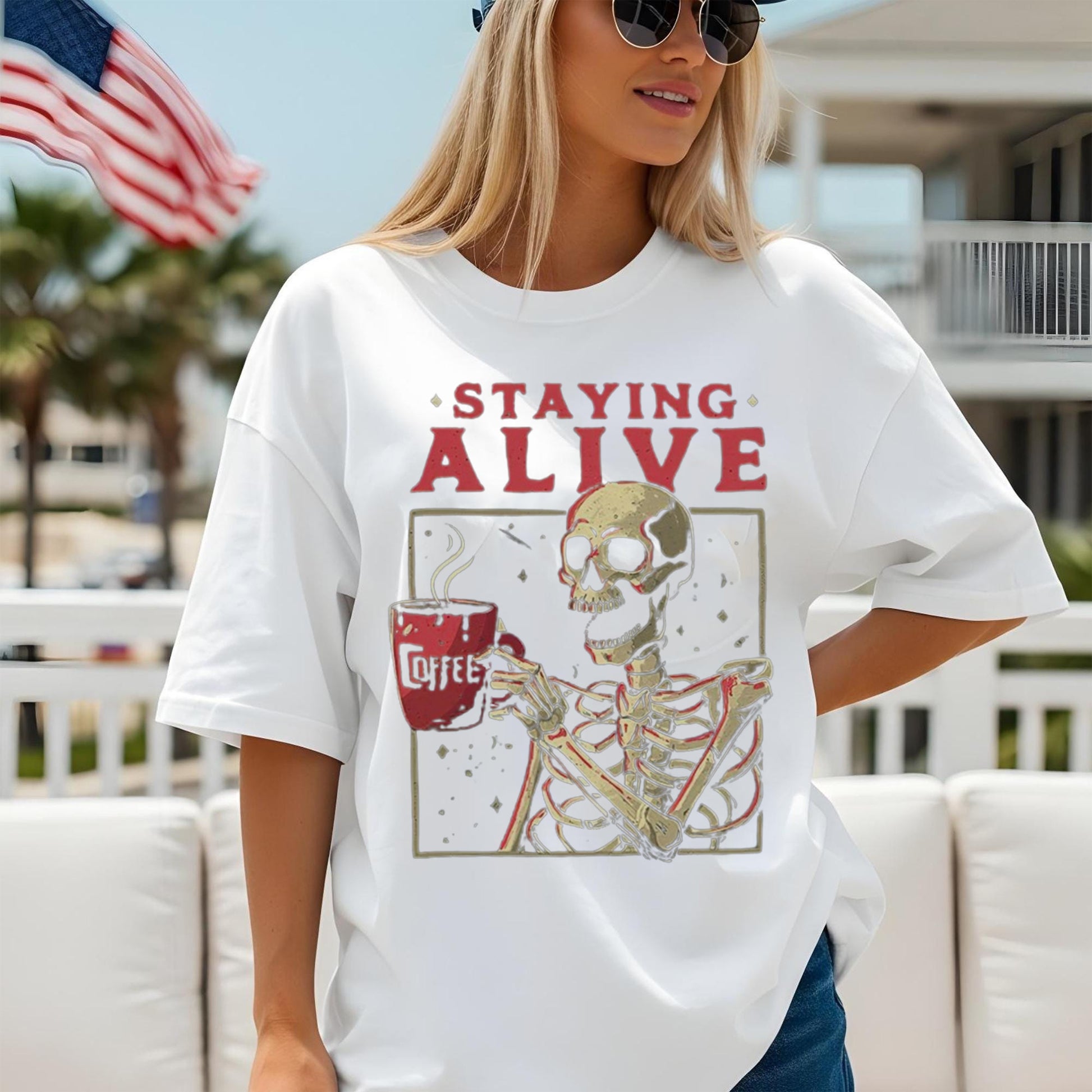 Staying Alive Coffee Lovers T-shirt, Funny Skeleton T-Shirt, Halloween Tee Shirt, Skeleton Lovers Gift, Coffee Addict Tee, Halloween Costume Ideas
