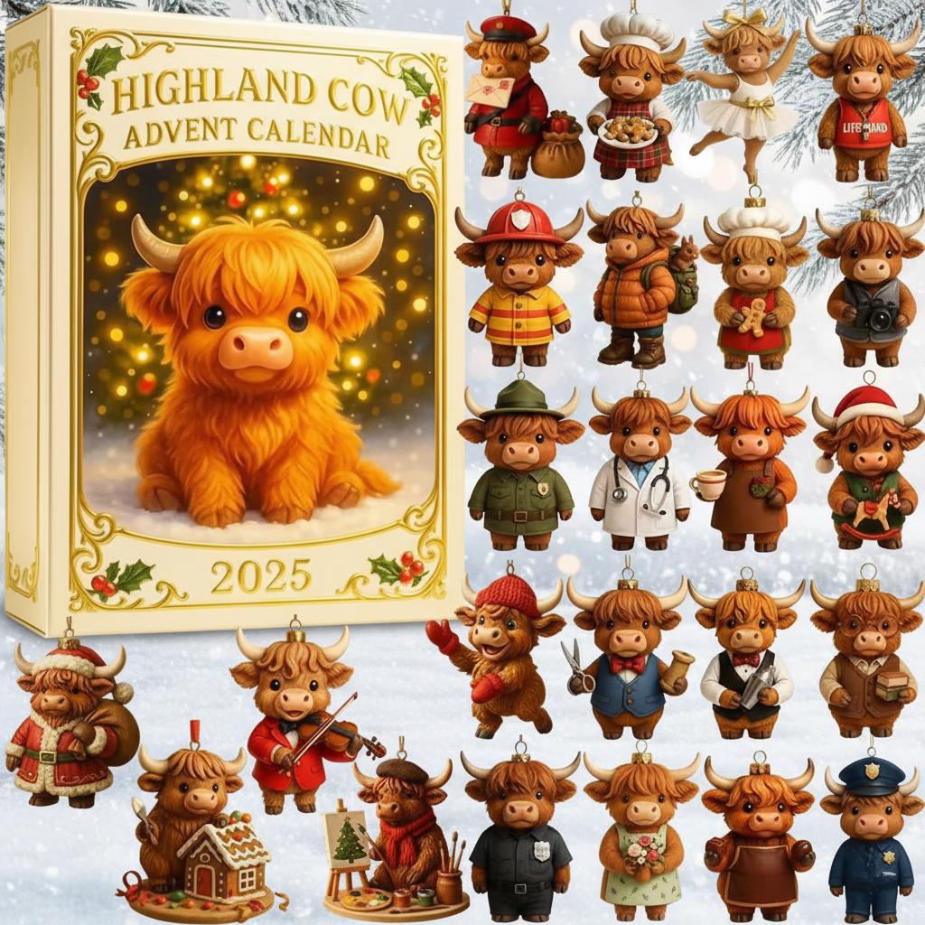 2025 Highland Cow Christmas Advent Calendar – 24 Day Mini Figurine Box – Holiday Gift Idea for Farm Fans, Kids & Collectors