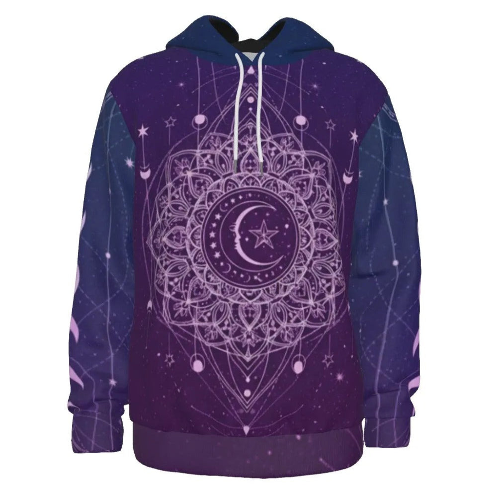 Mystic Lunar Mandala Hoodie, Moon Phase Spiritual Sweatshirt, Celestial Lotus Hooded Top, Sacred Geometry Cosmic Hoodie, Boho Mystic Style