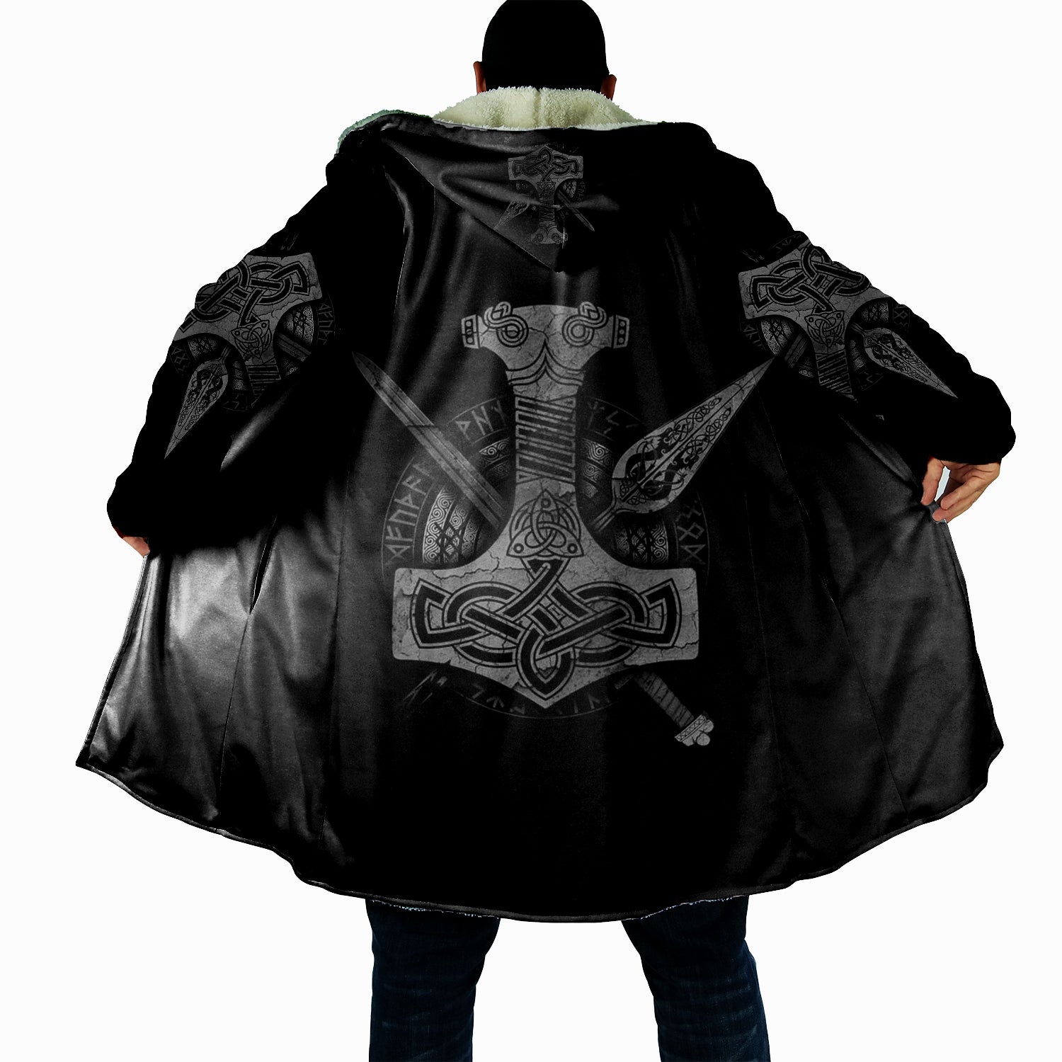 Thor's Hammer Viking Cloak, Mjolnir Norse Hooded Robe, Celtic Knot Sherpa Blanket Hoodie, Nordic Mythology Warrior Cape for Men