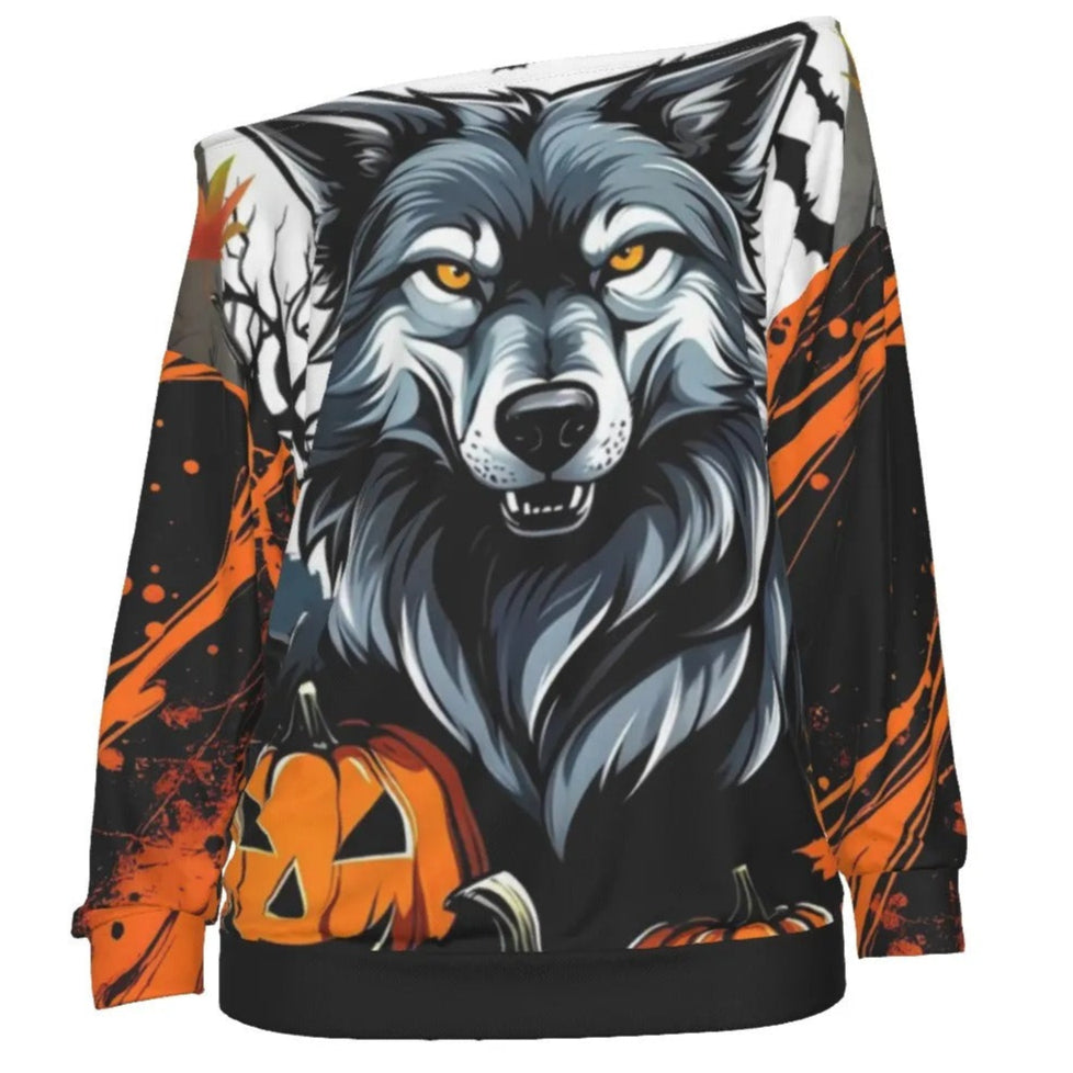 Howling Halloween Costumes Night Wolf Off-Shoulder Top, Spooky Pumpkin Bat Custom T Shirts, Gothic Halloween Fashion, Pumpkin Carving Ideas