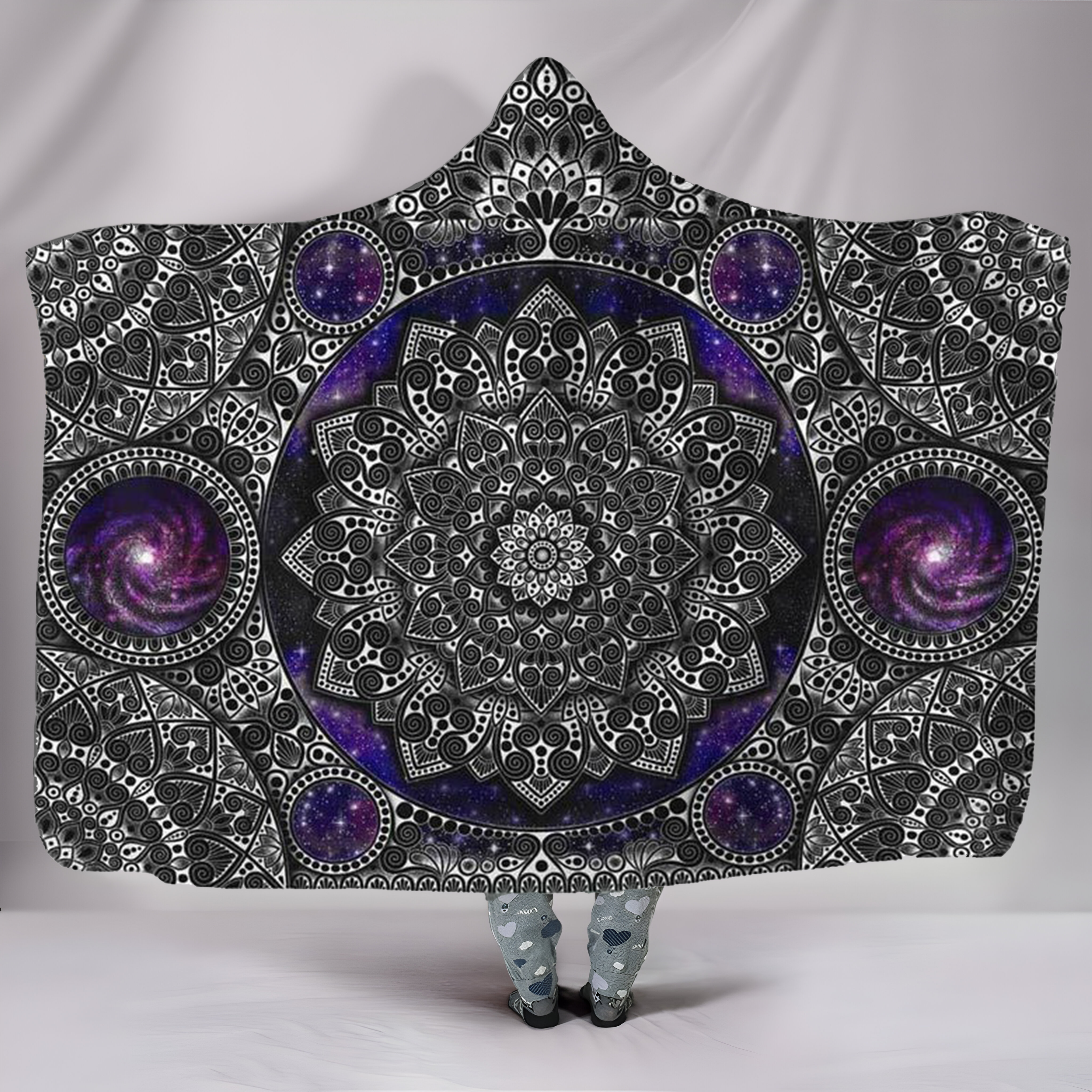 Mandala Hooded Blanket Soft Cozy Fleece with Galaxy Design - Mystical Boho Throw for Adults and Kids. BLKAC09