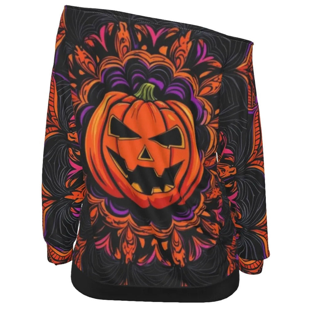 Pumpkin Mandala Magic Off-Shoulder Top, Halloween Costume Ideas, Halloween Jack-o’-Lantern Shirt, Spooky Mandala Art, Halloween Horror Nights