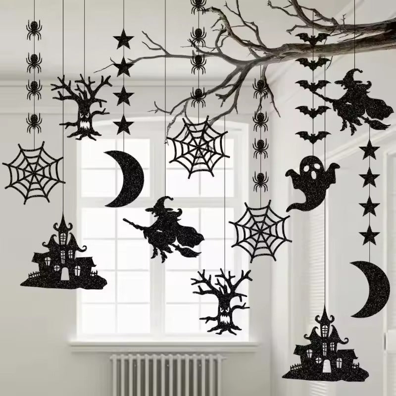 Halloween Decoration, 6pcs Halloween Hanging Banner Garland Scary Spider Witch, Ghost Bat Pendant Ornament Happy Halloween Party Decorations for Home